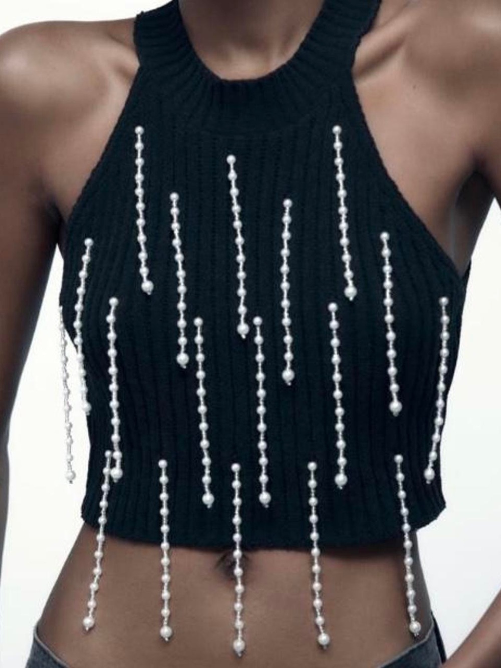 Zara Black Ribbed Halter Crop Top with Pearl Fringe